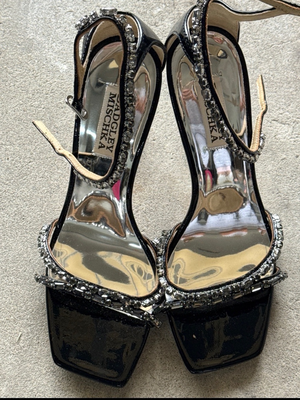 NEW Badgley Mischka Black Patent Crystal Ankle Strap Heels Size 6.5